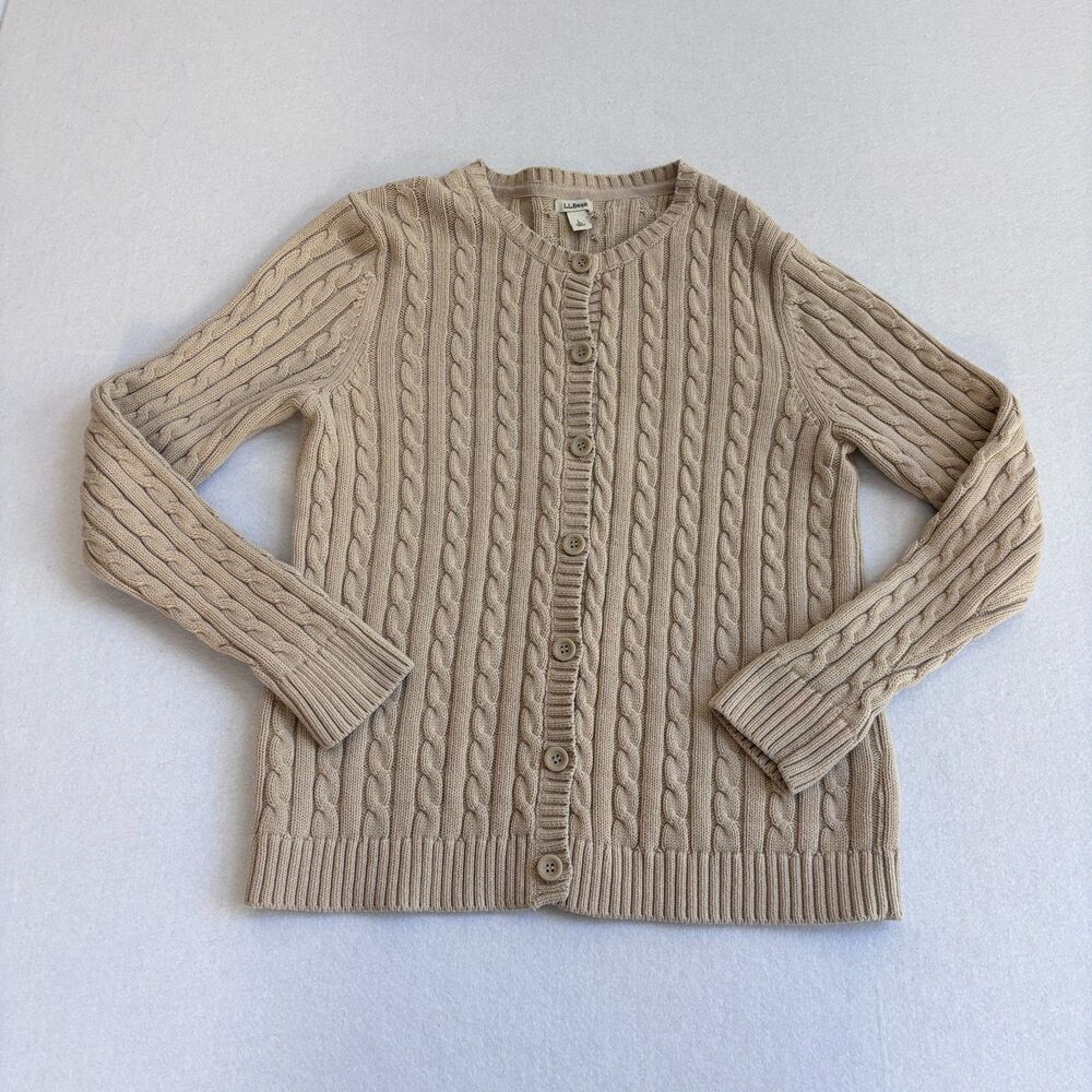 L.L. Bean Cable Knit Cardigan Sweater Women's L Beige Cotton Button Up READ